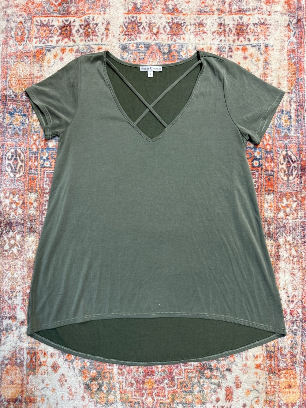 Moa Moa Olive Green Criss Cross V-Neck Top Size Medium